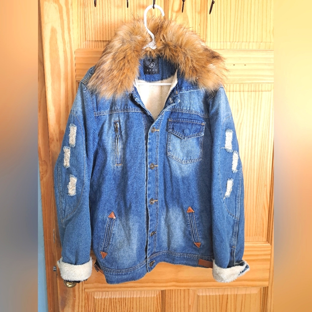 Shan Distressed Fur Jean Jacket sz 12 NWOT